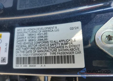 2024 Honda Accord Ex z USA, uszkodzony, nr VIN 1HGCY1F30RA042125